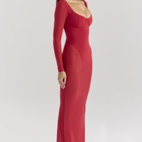 Everly Holly Red Mesh Maxi Dress with Bodysuit