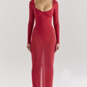 Everly Holly Red Mesh Maxi Dress with Bodysuit - Image 5
