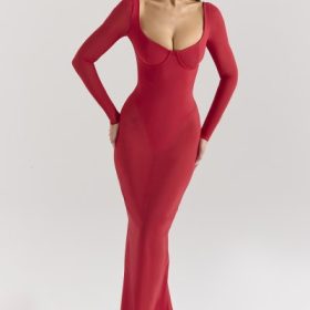 Everly Holly Red Mesh Maxi Dress with Bodysuit - Image 6