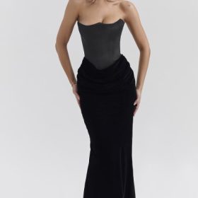 Persephone Black Velvet Strapless Corset Maxi Dress - Image 5