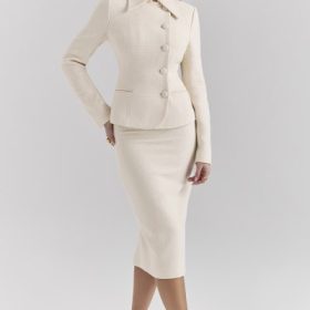 Lena Cream Boucle Pencil Midi Skirt - Image 8