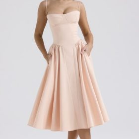 Samaria Peach Parfait Twill Corset Midi Dress - Image 8