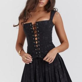 Talia Black Pleated Mini Dress - Image 9