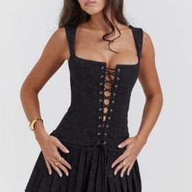 Talia Black Pleated Mini Dress - Image 10