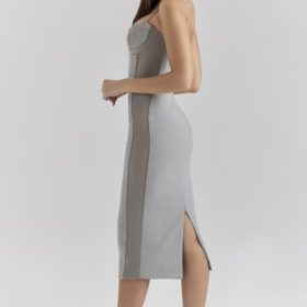 Kiki Light Grey Mesh Panelled Bodycon Midi Dress