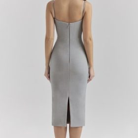 Kiki Light Grey Mesh Panelled Bodycon Midi Dress - Image 2