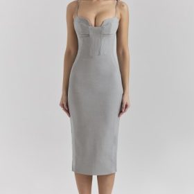 Kiki Light Grey Mesh Panelled Bodycon Midi Dress - Image 7
