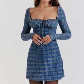 Malika Blue Tartan Corset Mini Dress - Image 8