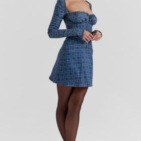 Malika Blue Tartan Corset Mini Dress - Image 9