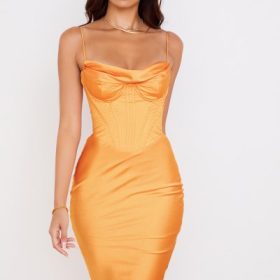 Myrna Tangerine Satin Corset Midi Dress - Image 7