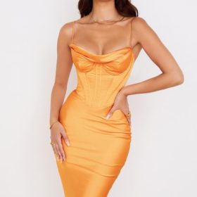 Myrna Tangerine Satin Corset Midi Dress - Image 8