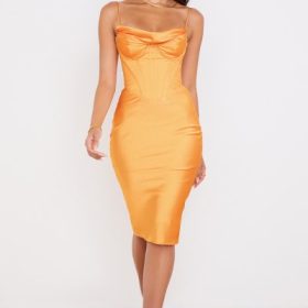 Myrna Tangerine Satin Corset Midi Dress - Image 9