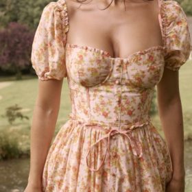 Penelope Peach Poppy Print Puff Sleeve Midi Sundress