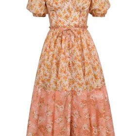 Penelope Peach Poppy Print Puff Sleeve Midi Sundress - Image 2