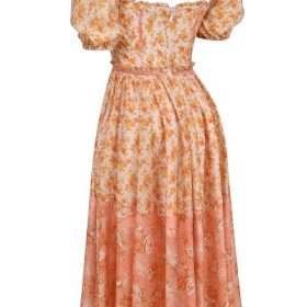 Penelope Peach Poppy Print Puff Sleeve Midi Sundress - Image 3