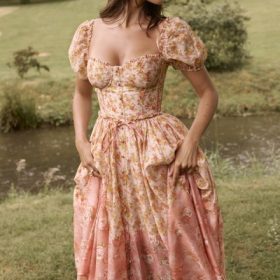 Penelope Peach Poppy Print Puff Sleeve Midi Sundress - Image 6