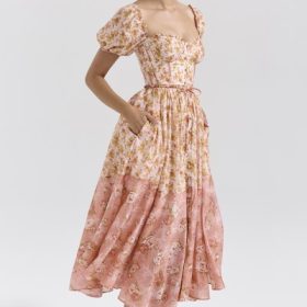 Penelope Peach Poppy Print Puff Sleeve Midi Sundress - Image 9