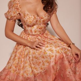 Penelope Peach Poppy Print Puff Sleeve Midi Sundress - Image 11