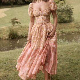 Penelope Peach Poppy Print Puff Sleeve Midi Sundress - Image 12