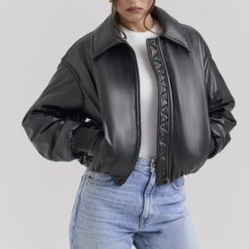 Sante Black Vegan Leather Bomber Jacket - Image 5