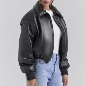 Sante Black Vegan Leather Bomber Jacket - Image 9