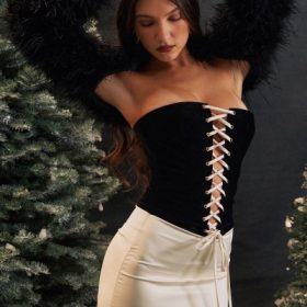 Jaina Black & Vintage Cream Strapless Corset Dress - Image 6