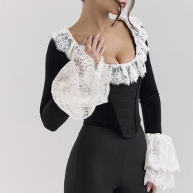 Jacinda Black Velvet Lace Trimmed Corset Top - Image 5