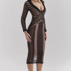 Loula Black Plunge Open Knit Midi Dress - Image 8