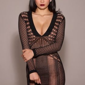 Loula Black Plunge Open Knit Midi Dress - Image 12