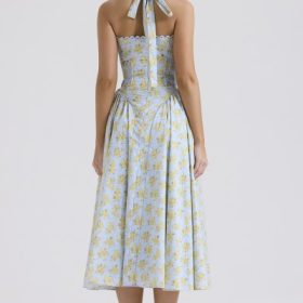 Adabella Soft Blue Vintage Floral Print Cotton Halter Sundress