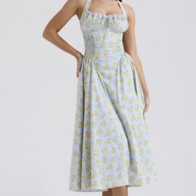 Adabella Soft Blue Vintage Floral Print Cotton Halter Sundress - Image 5