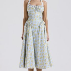 Adabella Soft Blue Vintage Floral Print Cotton Halter Sundress - Image 6