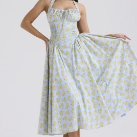 Adabella Soft Blue Vintage Floral Print Cotton Halter Sundress - Image 7