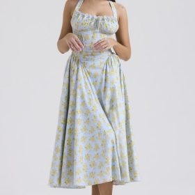 Adabella Soft Blue Vintage Floral Print Cotton Halter Sundress - Image 8