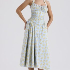 Adabella Soft Blue Vintage Floral Print Cotton Halter Sundress - Image 9