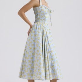 Adabella Soft Blue Vintage Floral Print Cotton Halter Sundress - Image 11