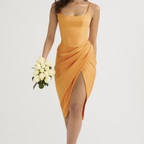 Bianca Tangerine Satin Pleated Corset Midi Dress - Image 8