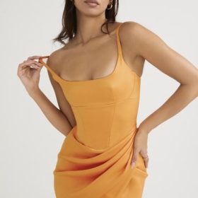Bianca Tangerine Satin Pleated Corset Midi Dress - Image 9