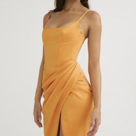 Bianca Tangerine Satin Pleated Corset Midi Dress - Image 10
