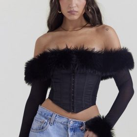 Merle Black Faux Fur Trim Corset - Image 5