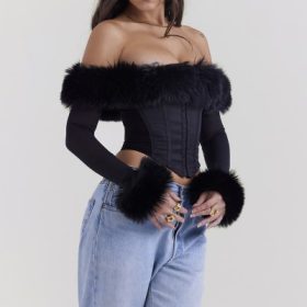 Merle Black Faux Fur Trim Corset - Image 11