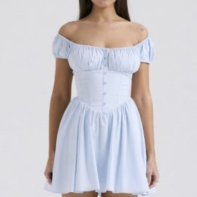 Nala Soft Blue Cotton Gathered Mini Dress - Image 5
