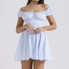 Nala Soft Blue Cotton Gathered Mini Dress - Image 7