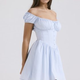 Nala Soft Blue Cotton Gathered Mini Dress - Image 8