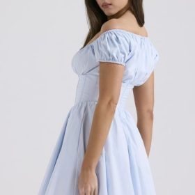 Nala Soft Blue Cotton Gathered Mini Dress - Image 9