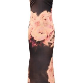 Mariamma Dark Brown Floral Printed Satin Maxi Dress - Image 2
