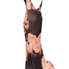 Mariamma Dark Brown Floral Printed Satin Maxi Dress - Image 3