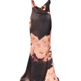 Mariamma Dark Brown Floral Printed Satin Maxi Dress - Image 4