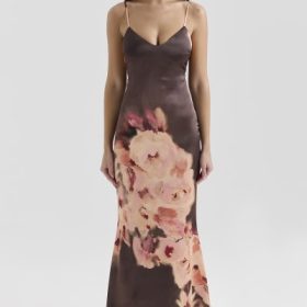 Mariamma Dark Brown Floral Printed Satin Maxi Dress - Image 5