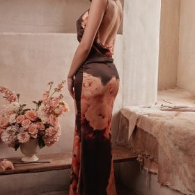 Mariamma Dark Brown Floral Printed Satin Maxi Dress - Image 6